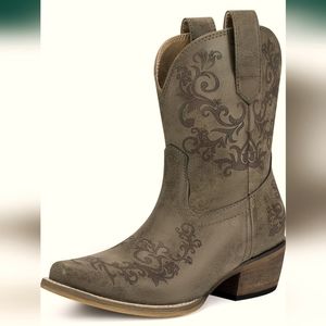 Rollda Women's Grey Bronze Short Cowboy Boots Pull-On Tab Snipped Toe Western 10